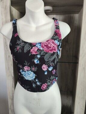Old Navy Black Tank Top with Pink & Blue Floral Print SZ Small New